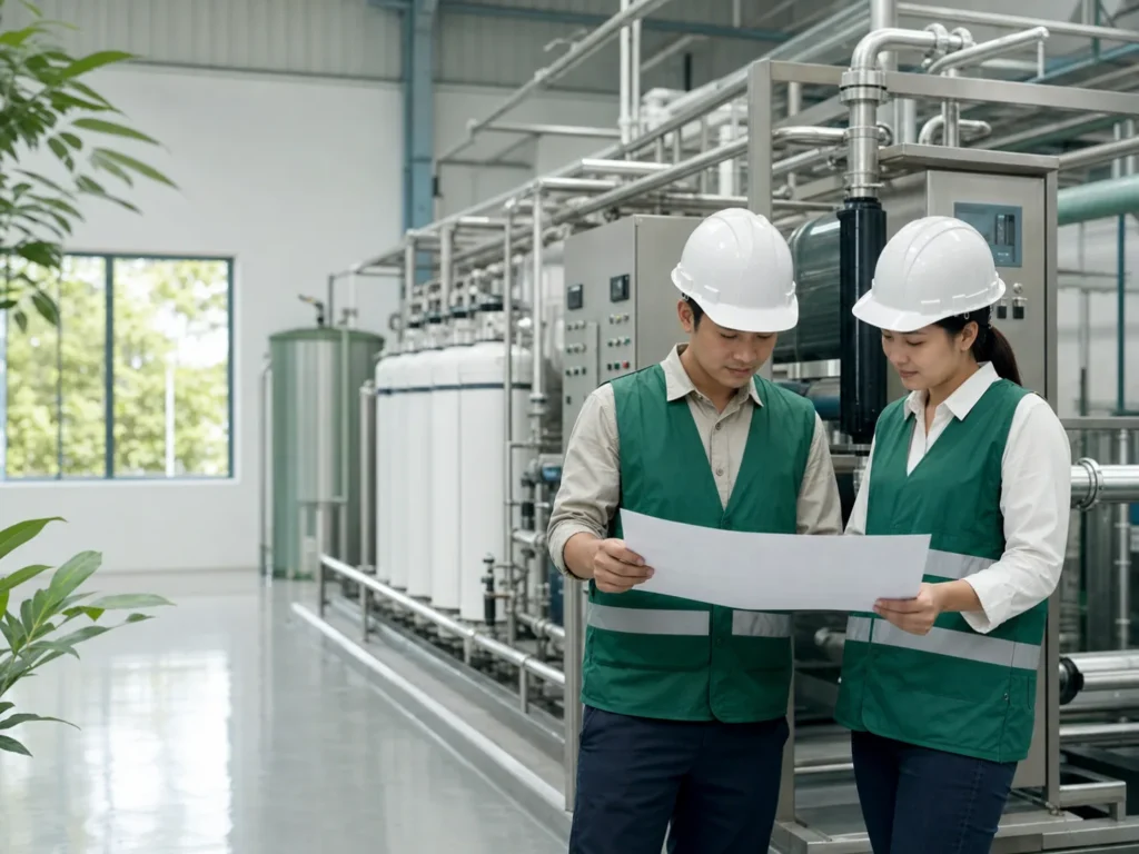 Kỹ sư môi trường Hùng Phát kiểm tra hệ thống xử lý