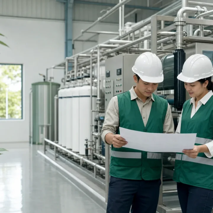 Kỹ sư môi trường Hùng Phát kiểm tra hệ thống xử lý