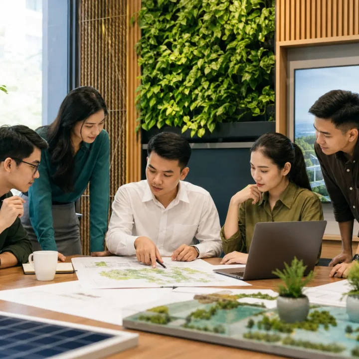 Đội ngũ kỹ sư cùng trao đổi phương án dự án xanh